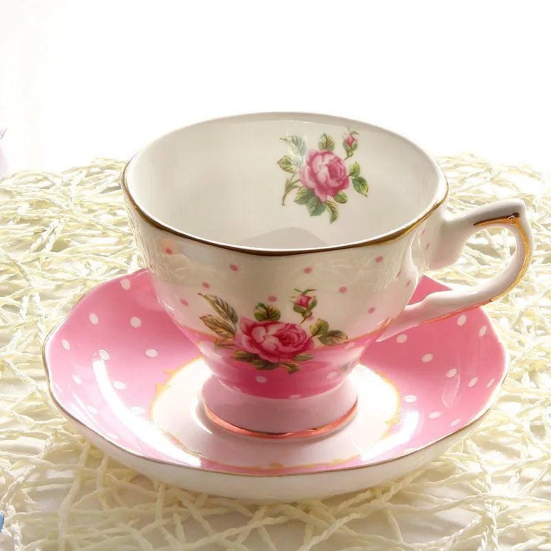 European porcelain coffee cup and saucer set with pastoral style pattern in assorted colours