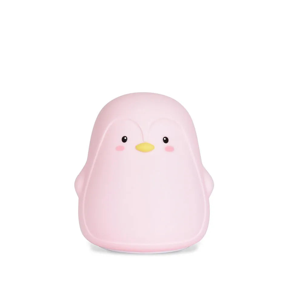 White USB rechargeable penguin-shaped night light with soft glow, shown next to its charging cable.