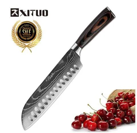 Carpenter's Special kitchen knife with laser Damascus pattern blade and coloured wood handle