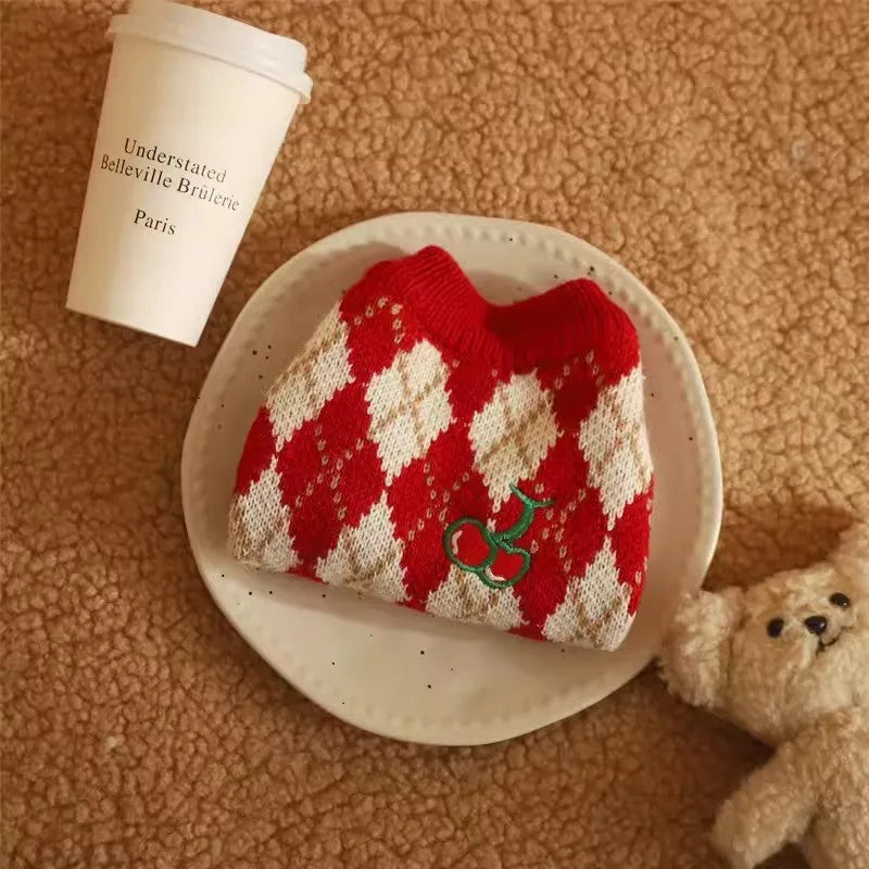 Red cat sweater with rhombic embroidery cherry pattern showing size options for pet clothing