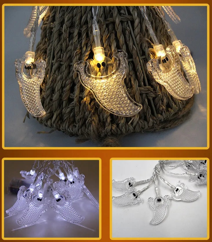 Halloween pumpkin and ghost LED string lights with battery pack and multiple pendant designs