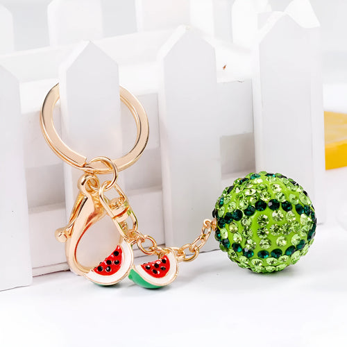 Green watermelon-shaped zinc alloy keychain measuring 12cm.