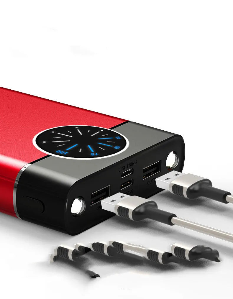 Black 20000mAh alloy portable power bank with LED flashlight showing size scale
