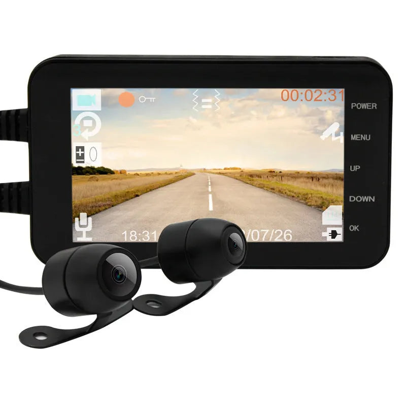 Waterproof motorcycle recorder with 140-degree wide angle lens and 4-inch LCD display mounted on handlebars