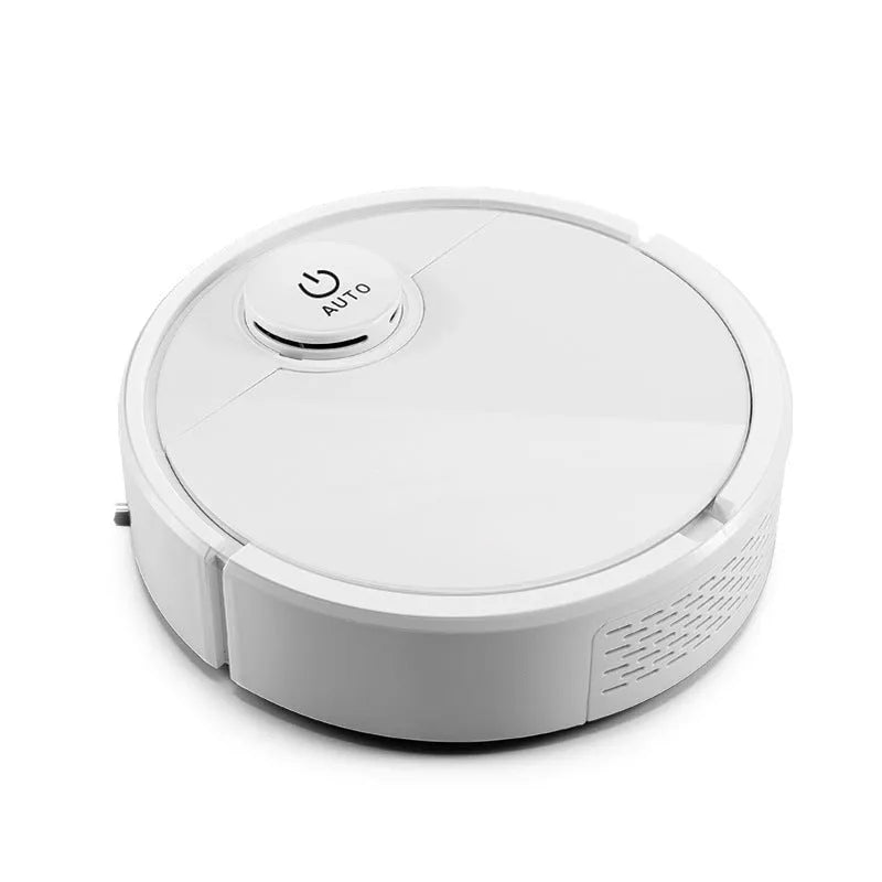 Automatic sweeping robot cleaner with circular ABS plastic body on a hard floor.