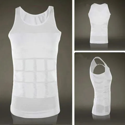 Men's tummy shaper vest in black or white, 80% nylon 20% spandex, U-shaped neckline, sizes M to XXL