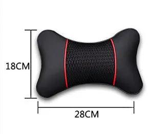 Car headrest neck pillow with green leather exterior available in black and red colour options