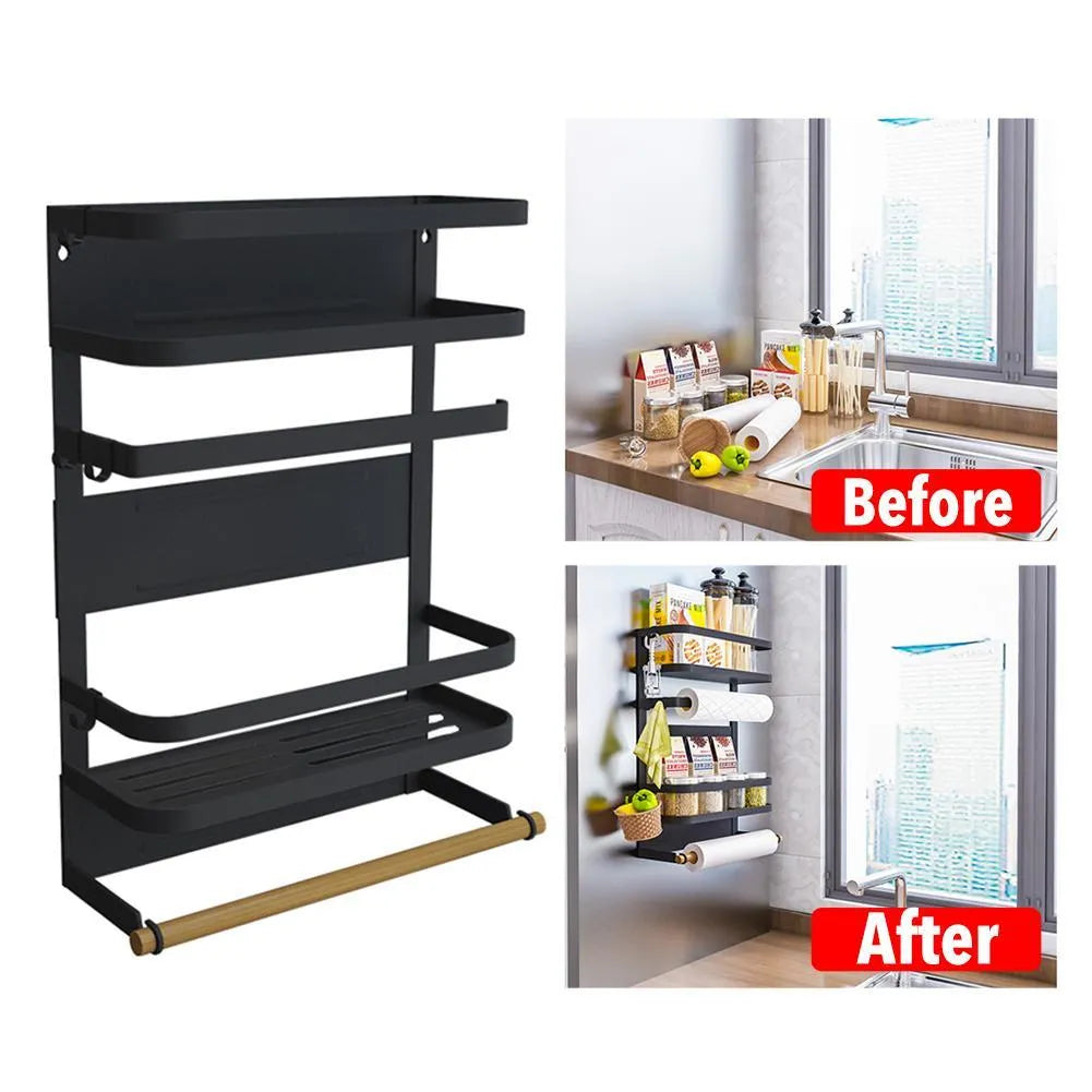 Magnetic wall-mounted kitchen side shelf in black on refrigerator with quick-draining metal design