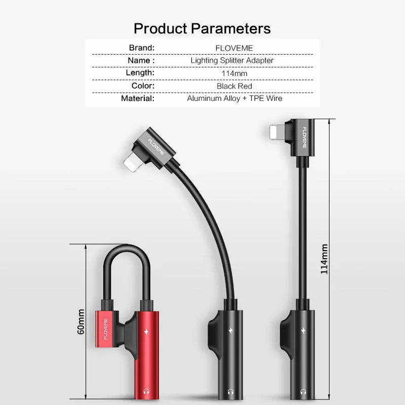 Lighting audio charging splitter adapter black anodised aluminium alloy 5V1A with earphone and charging cable connected