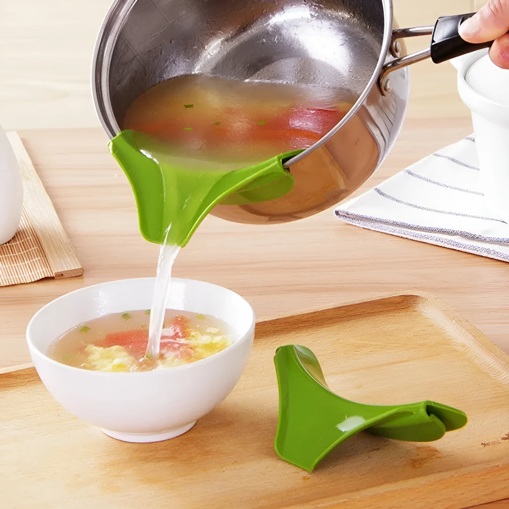 Green silicone kitchen funnel for transferring liquids between round pots