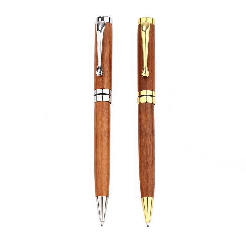 Rosewood and metal ballpoint pen 14cm long with gold and silver finish options on a white background