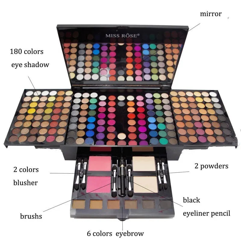 Piano-shaped makeup palette open to show 190 powder pans including eyeshadows, blushes, and face powders
