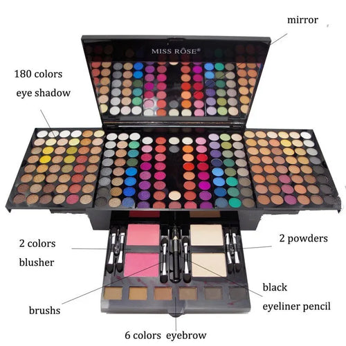 Piano-shaped makeup palette open to show 190 powder pans including eyeshadows, blushes, and face powders
