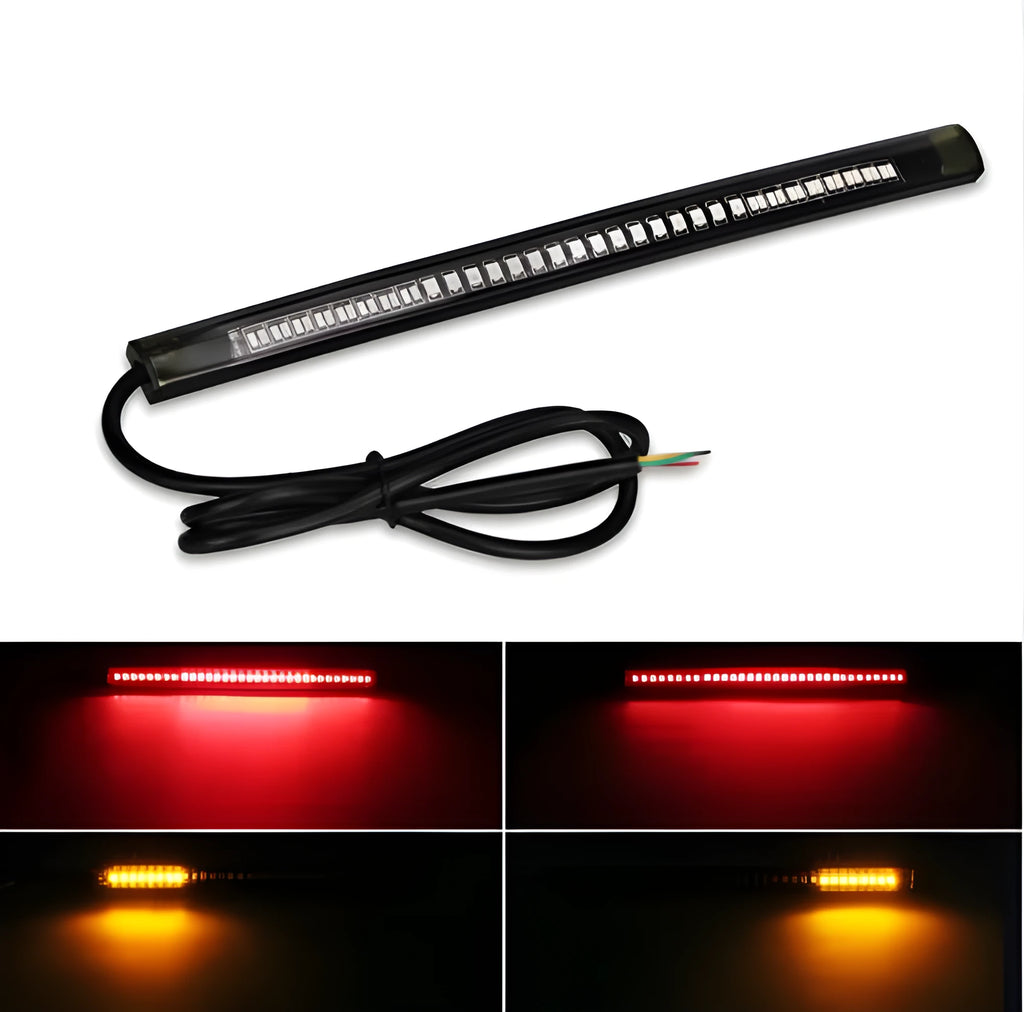 Universal flexible 48 SMD LED motorcycle tail stop light strip with brake and turn signal lights on black rubber