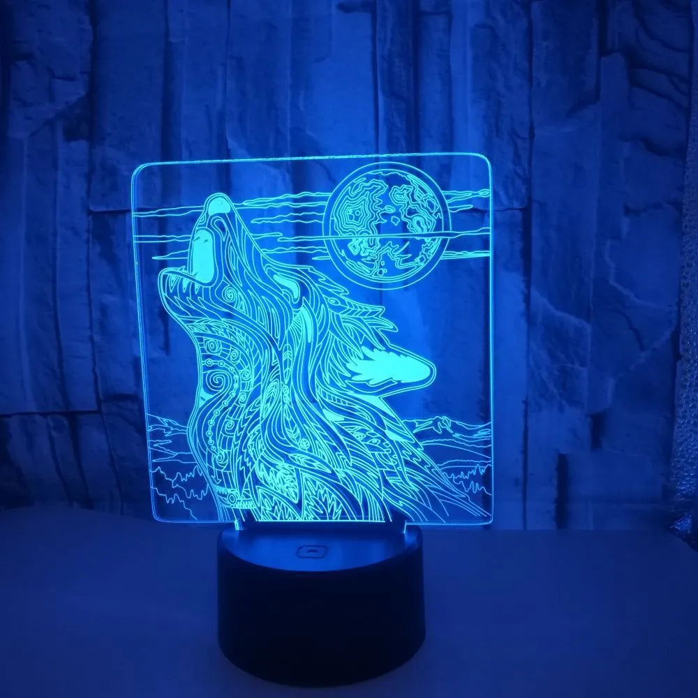Colour-changing LED desk lamp with acrylic shade and remote control on wooden desk
