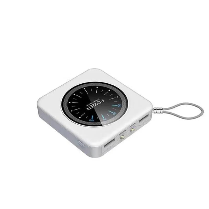 Compact alloy-cased power bank with a digital clock display, shown in mint green, with two USB output ports.