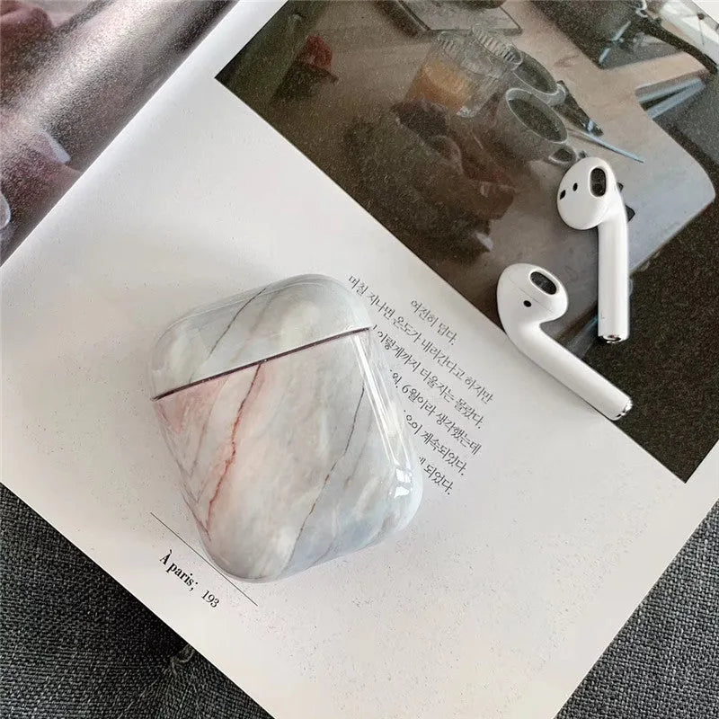 White marble hard PC protective case for Apple AirPods 1 and 2 charging box.