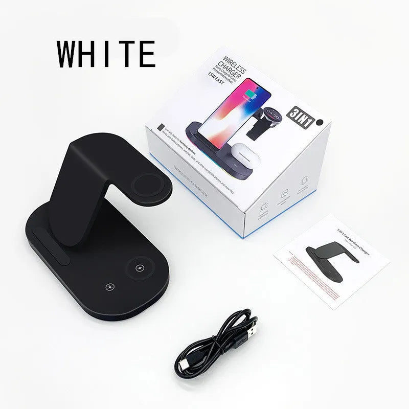 Three-in-one fast wireless charger in black or white for phone, watch, and headphones