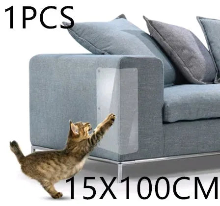 Two transparent PVC self-adhesive cat claw protector pads on a leather sofa arm, each 47x15cm