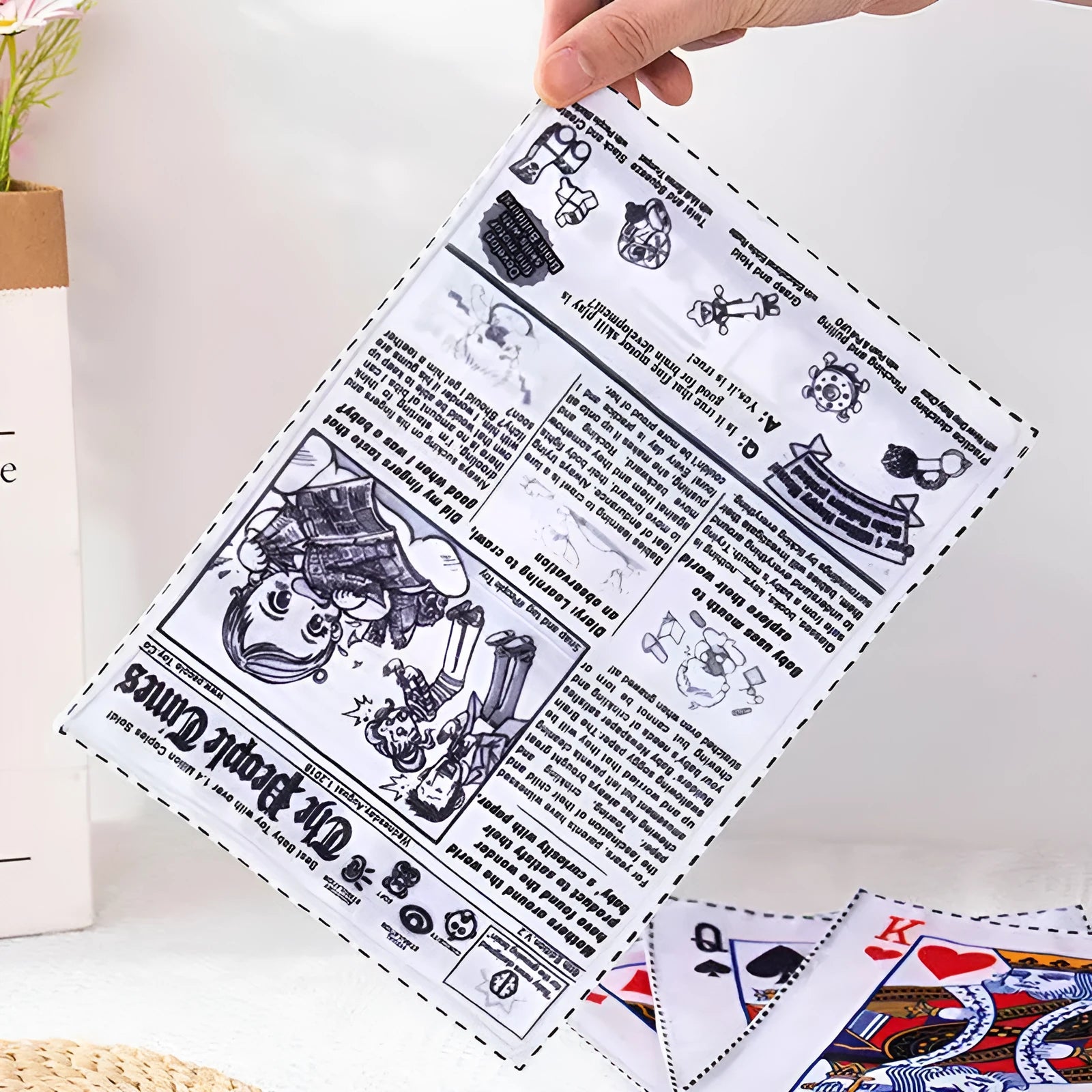 Tearproof dog toy with squeaker in newspaper or playing card designs for corgi and teddy puppies