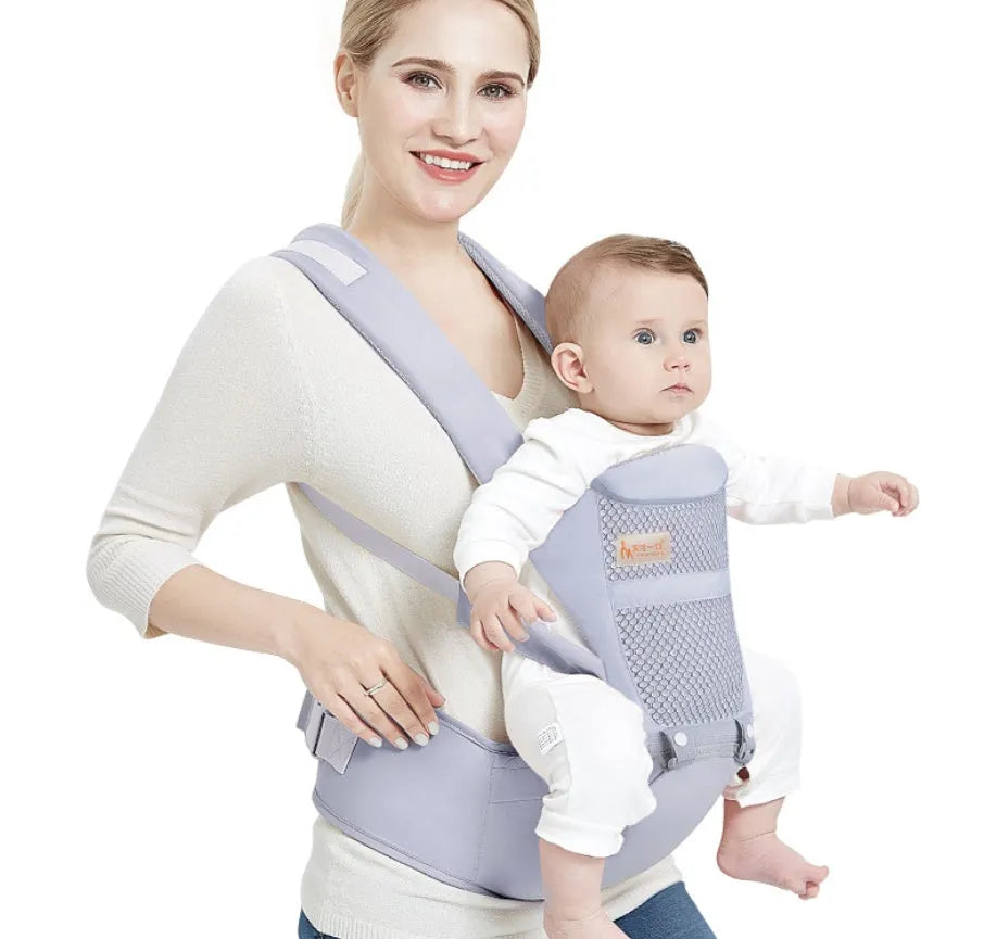 Multifunctional baby carrier waist stool in Galaxy Grey with shoulder straps