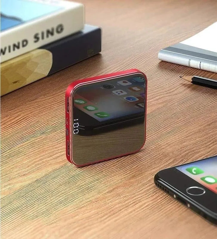 Ultra-thin mirror mini charging bank with LCD display and alloy shell in rose gold finish