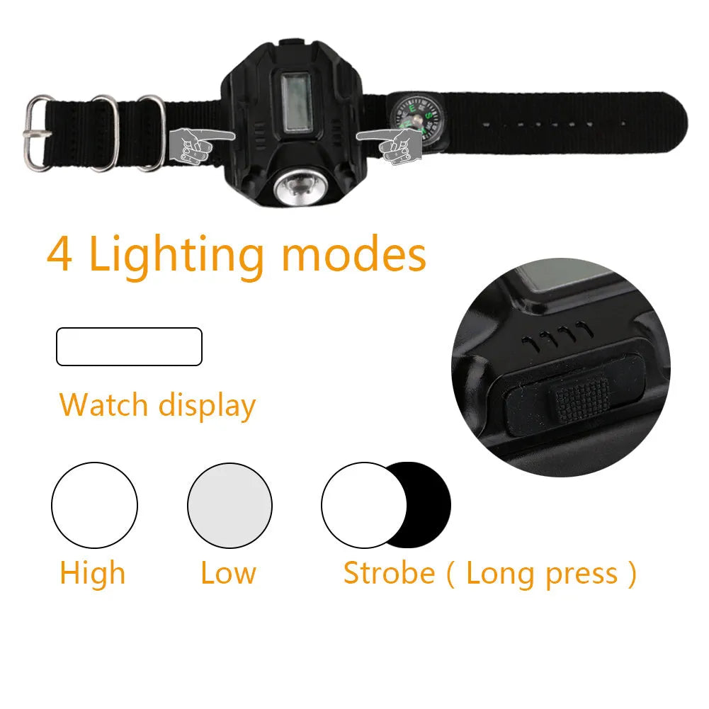 Black LED wrist watch flashlight with compass and time display, USB rechargeable, 4 mode, 100g, 22 x 2.4cm wristband