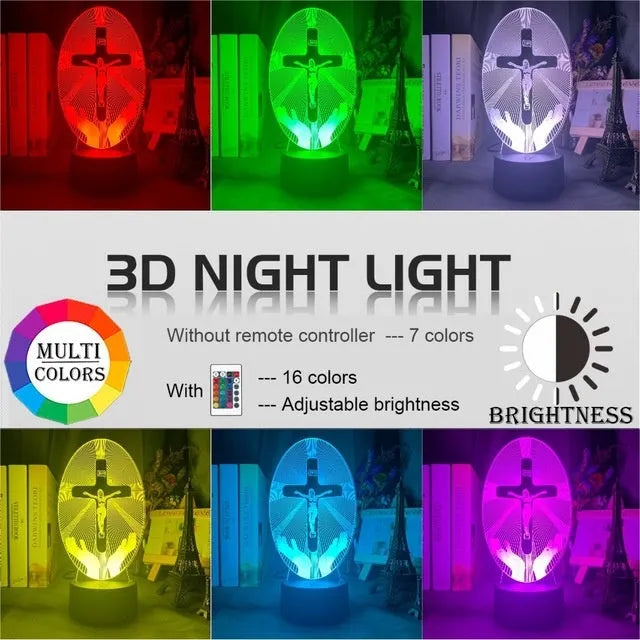 Cross acrylic 3D night light with LED, showing 200x150mm slim panel and colour glow
