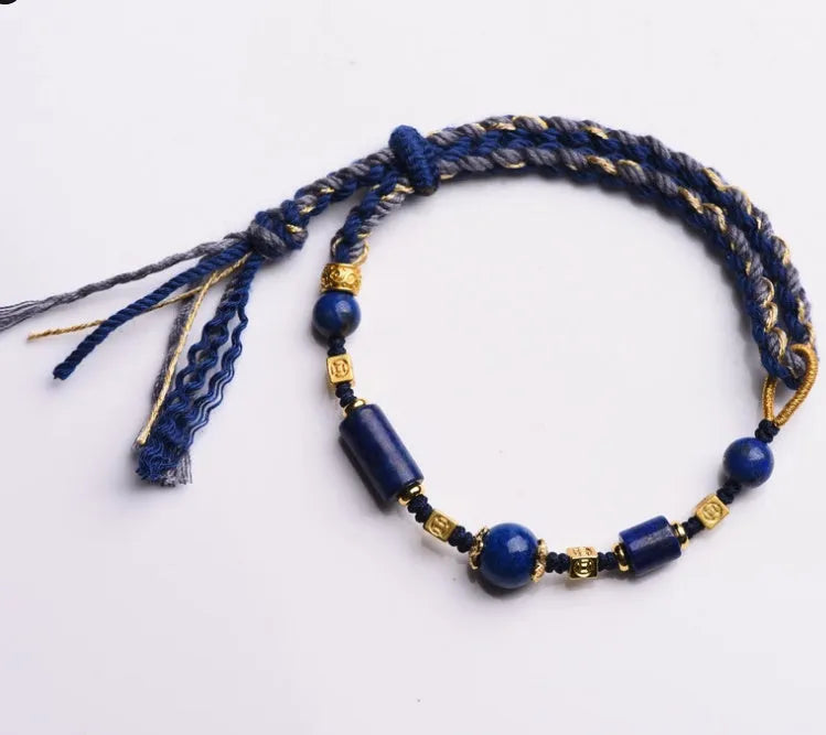 Hand-woven ethnic watch band in flexible wire with Hongfei Ebony and Lapis Lazuli colour options