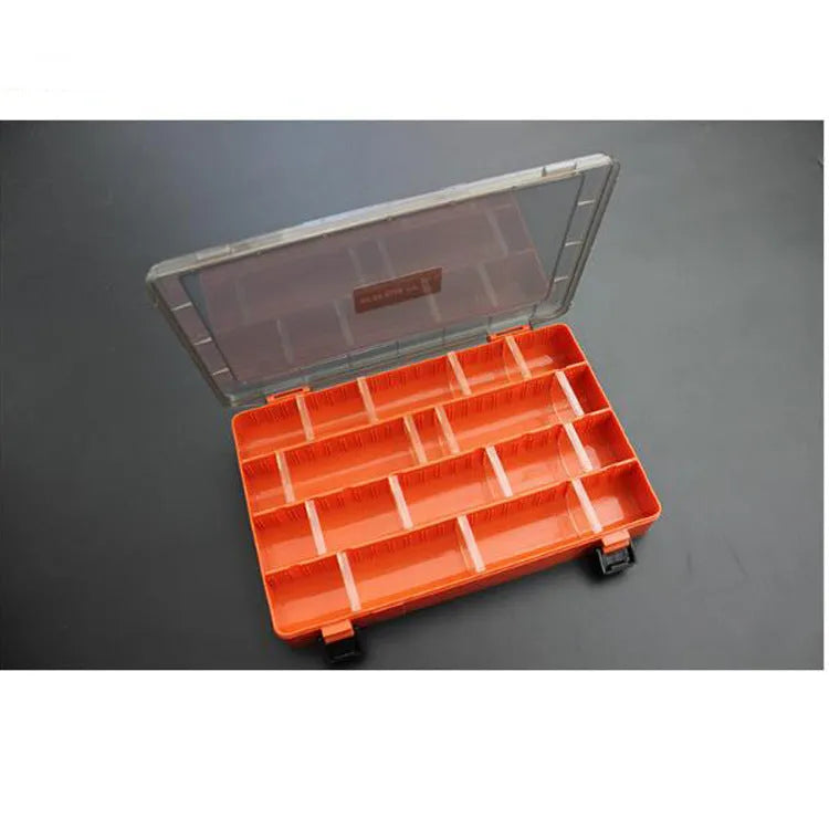 Double-sided double-layer plastic lure fishing tackle box, 27cm long, 18cm wide, orange colour, with adjustable slot inserts for hard baits