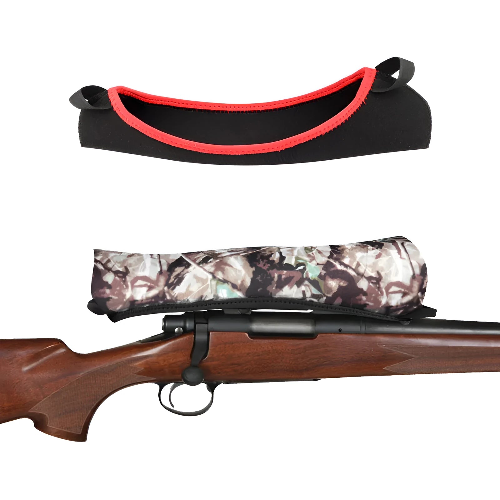 Reversible neoprene tactical scope cover for rifle shotgun in black and camouflage print