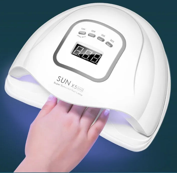 White 120W UV LED gel nail polish dryer lamp with timer display and multiple light settings.