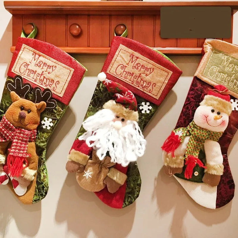 Cloth Christmas stocking with 3D applique design, sturdy hanging loop, and mixed colours for holiday decoration