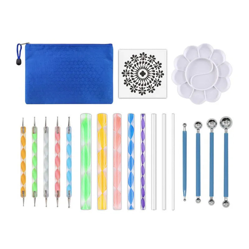 Pottery tool set with acrylic ribs, stainless steel tools, plastic loops, and a blue canvas storage bag.
