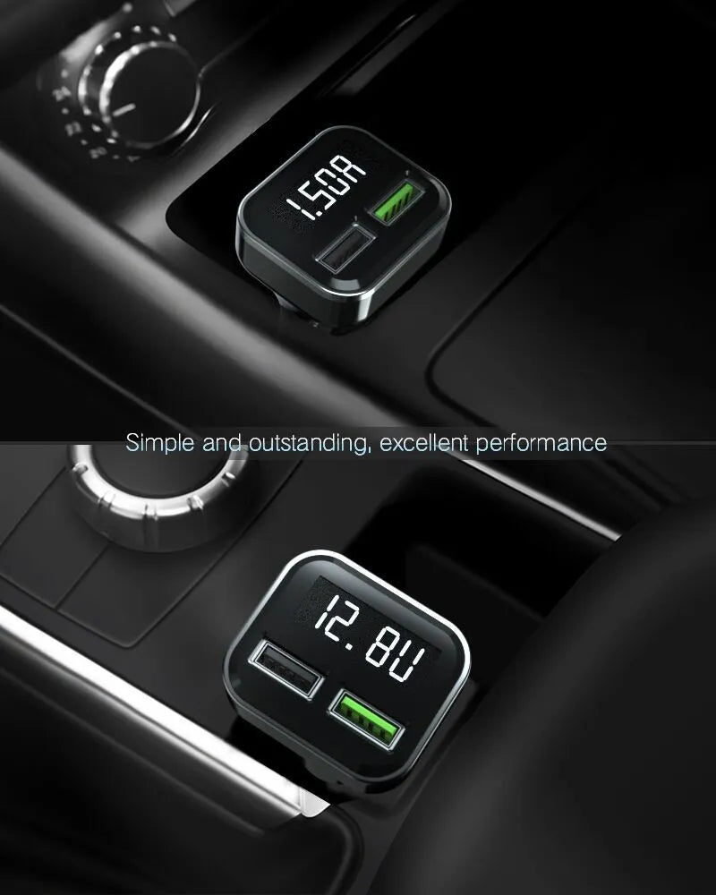 Black dual USB car charger with LCD screen displaying voltage, plugged into a car dashboard socket.