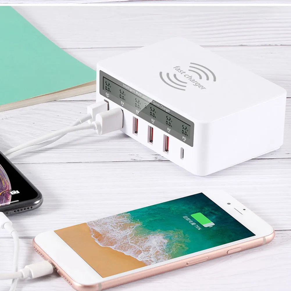 White six-port desktop USB charging station with 5 USB-A and 1 USB-C ports showing QC3.0 fast charge label