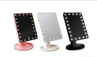 Portable 360 degree rotation touch induction tabletop cosmetic mirror with 22 LED lamp beads in black finish, measuring 17 by 22 cm