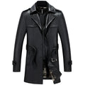 Men's mid-length sheepskin leather jacket in black, suit collar, zip front, colour block pattern