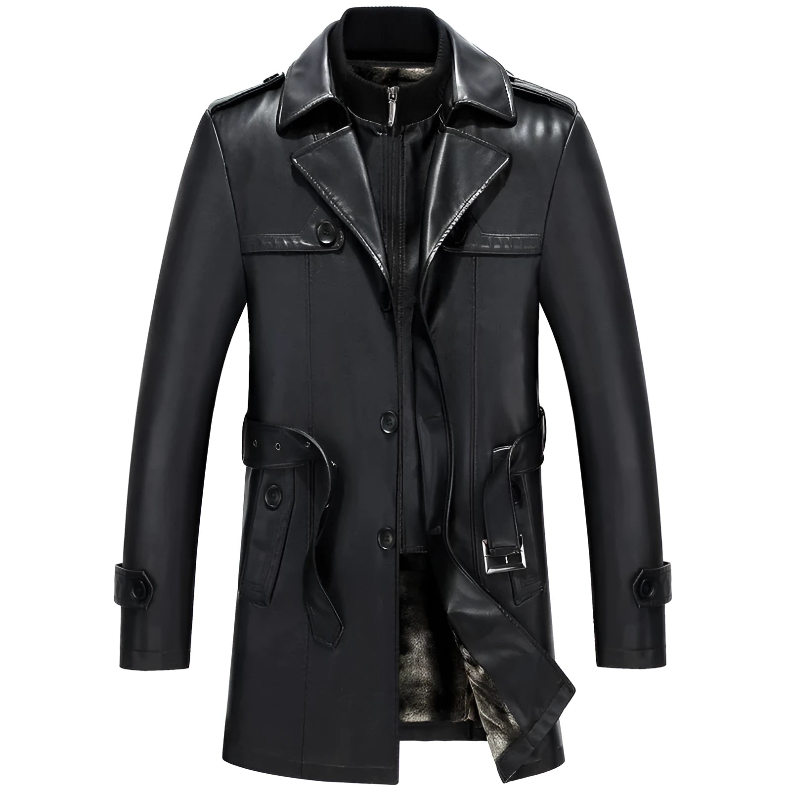 Men's mid-length sheepskin leather jacket in black, suit collar, zip front, colour block pattern