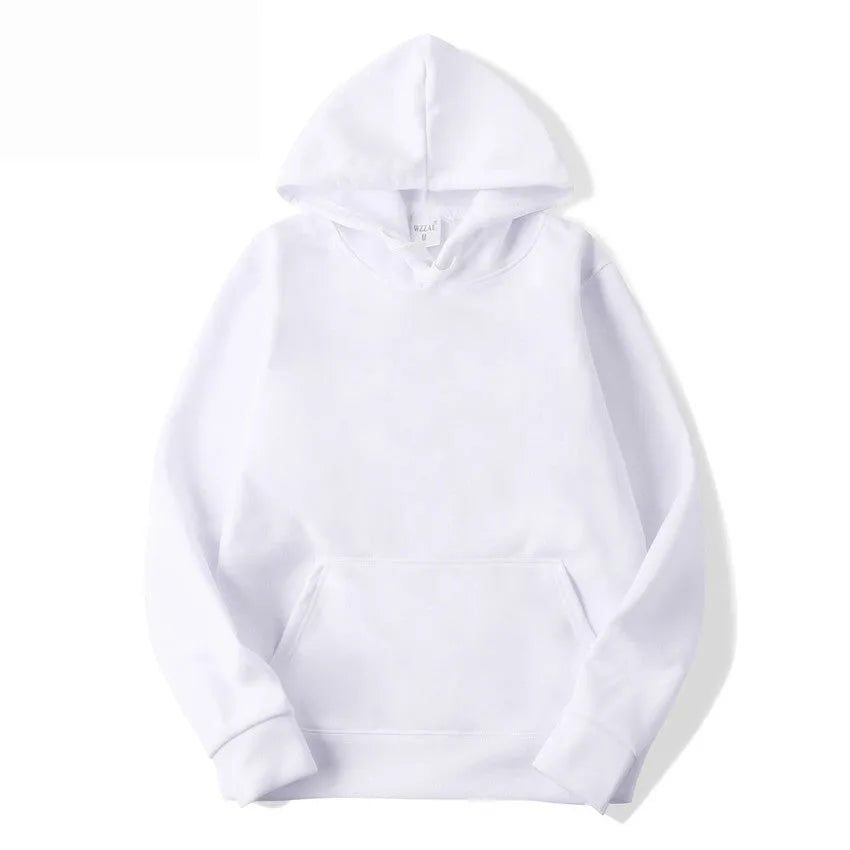 A white unisex pullover hoodie with a hood and long sleeves on a hanger.