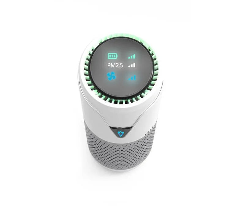 AN-SY01 car air purifier with HEPA filter, PM2.5 display, and 5200mAh battery in silver