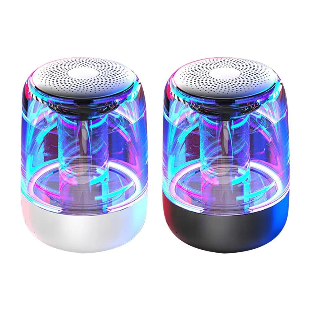 Portable Bluetooth speaker with powerful bass, variable colour LED light, compact size 90x68mm in black