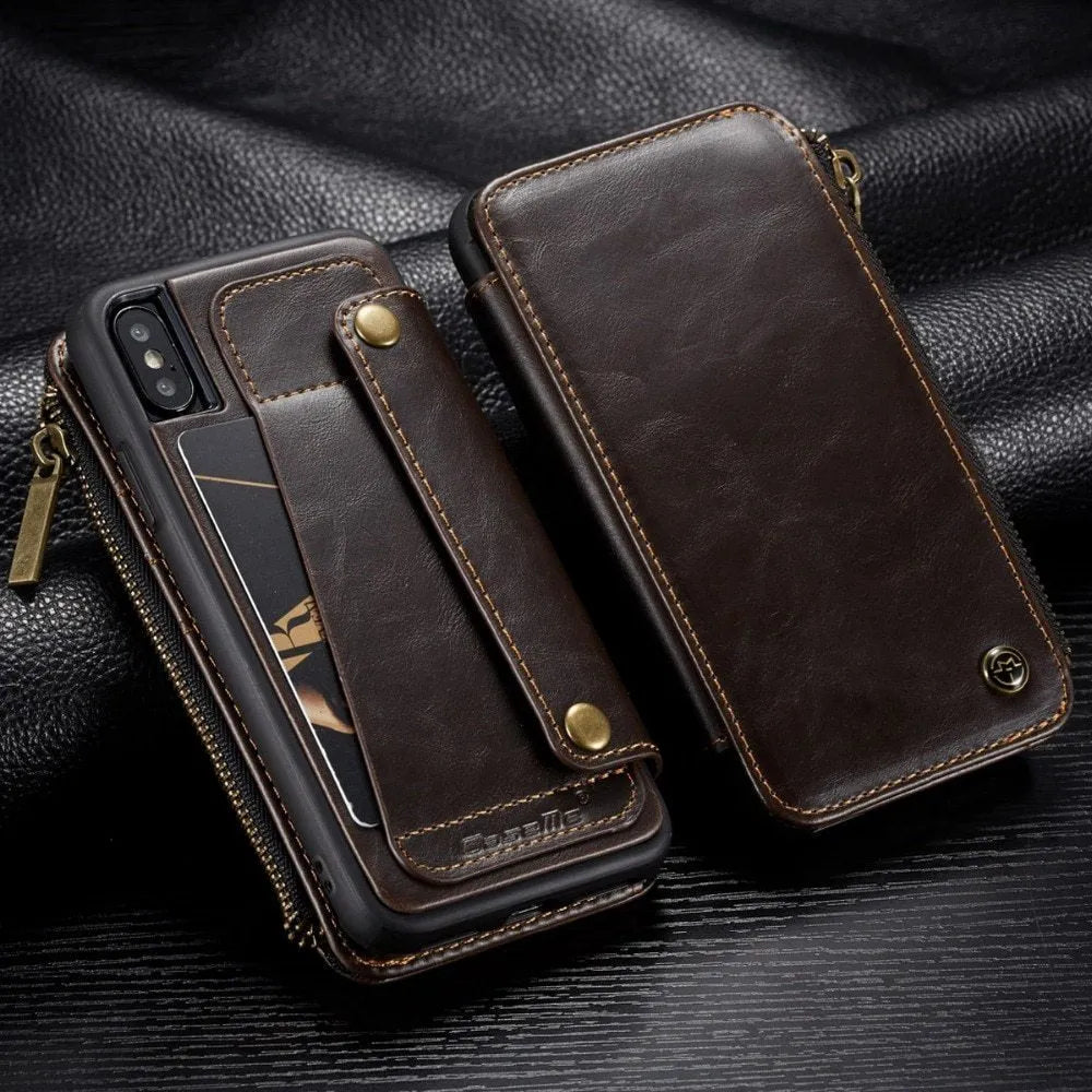 Black leather flip phone case open showing Samsung Galaxy Note9 phone inside