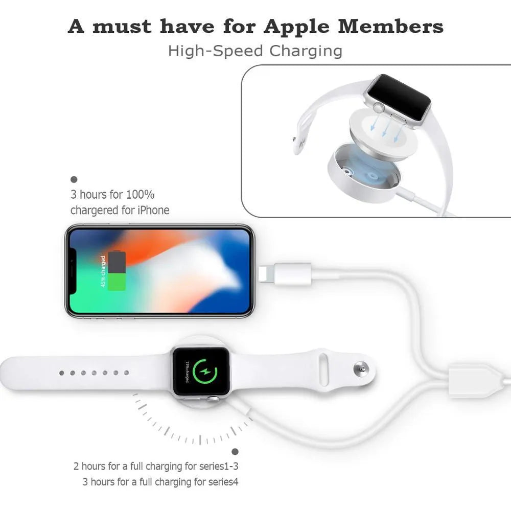 White two-in-one wireless charger for smartwatches with USB cable connection