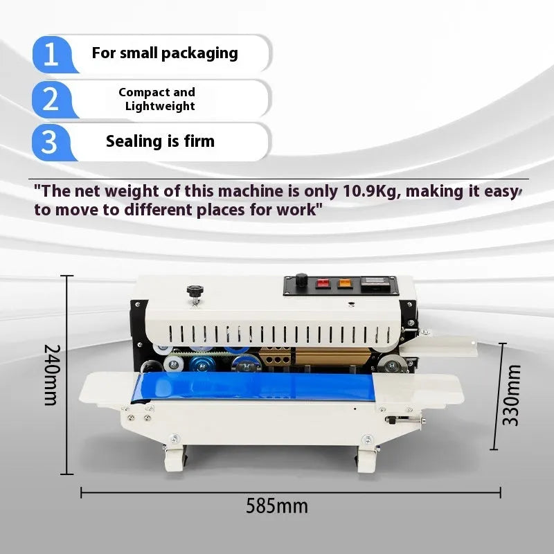 Compact steel handheld heat sealer with a rotary date stamp dial, sealing a plastic food bag on a kitchen worktop.