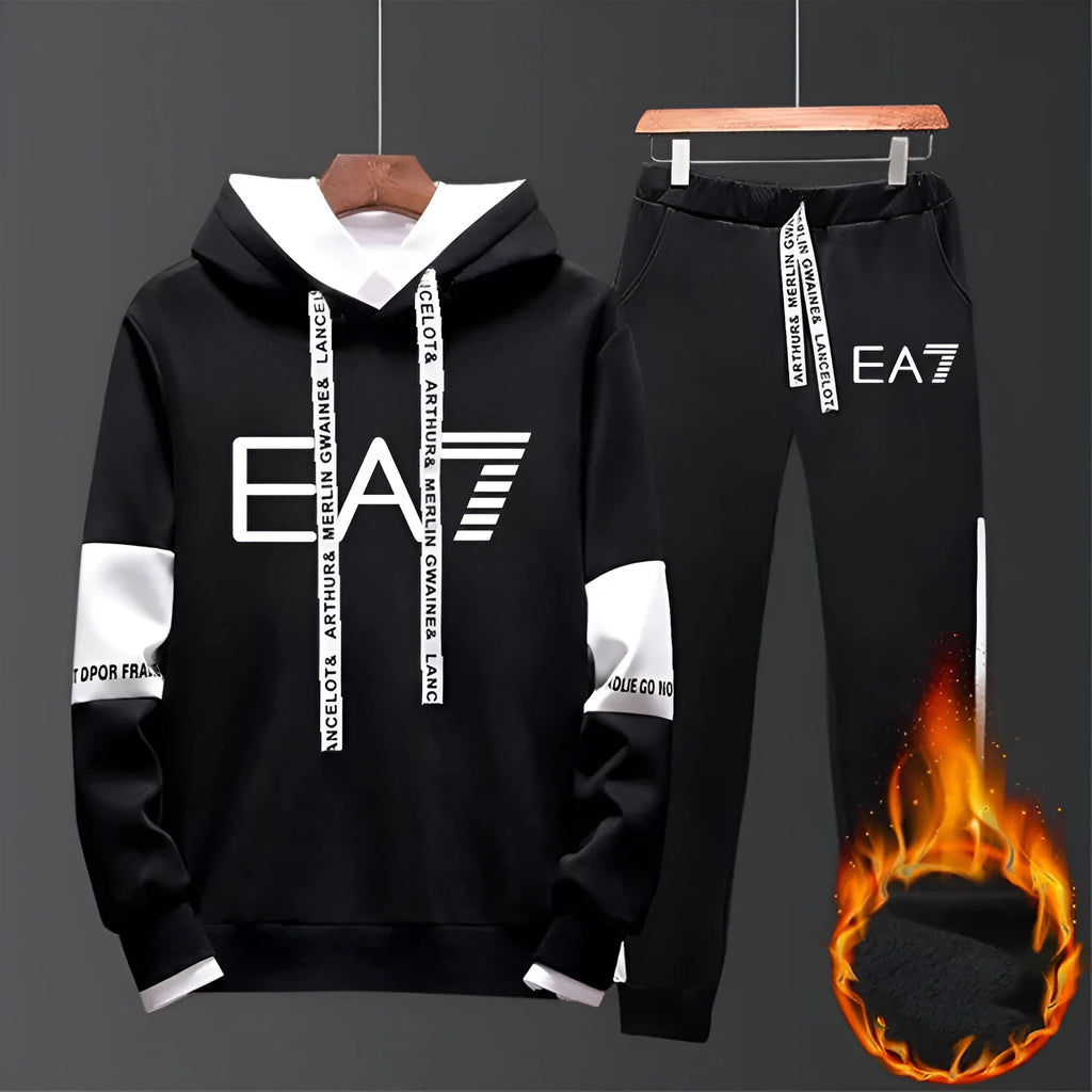 Two-piece fleece casual tracksuit set for women in black and grey colour combination