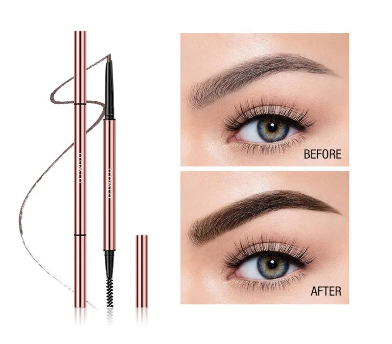 Eyebrow make-up pencil in colour box with six shade options including auburn and taupe.