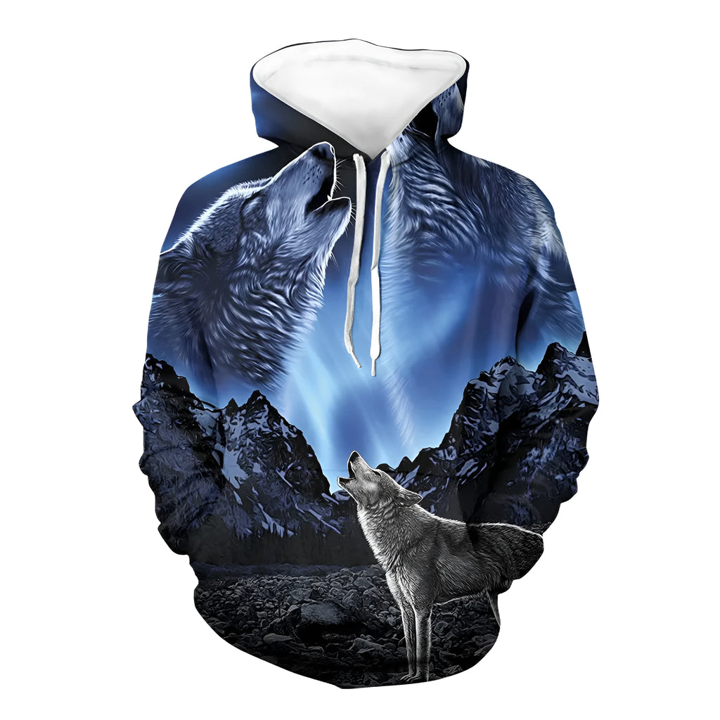 Blue digital print hooded sweatshirt for couples, loose fit, 3D effect, sizes XS to 4XL, polyester.