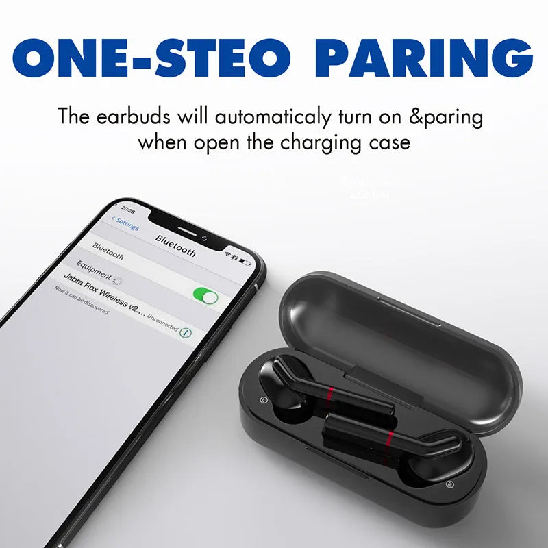 Black and white Bluetooth wireless earphones with charging case showing V5.0 technology