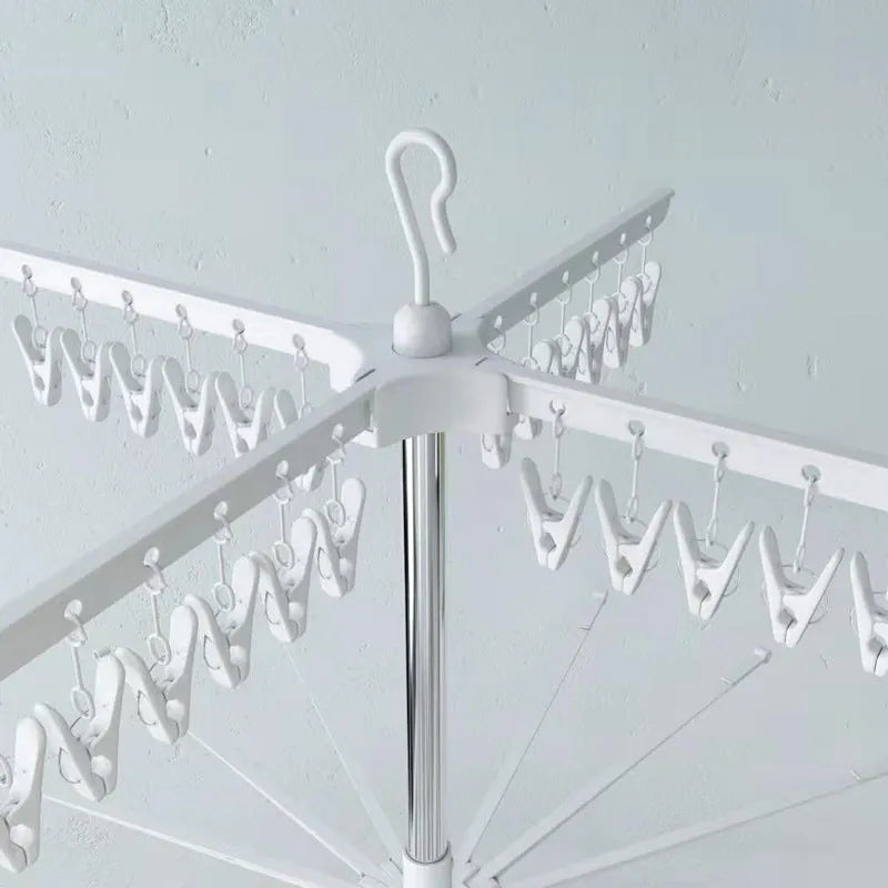 Mobile stainless steel triple-layer drying rack with plastic clips for socks, trousers, and ties